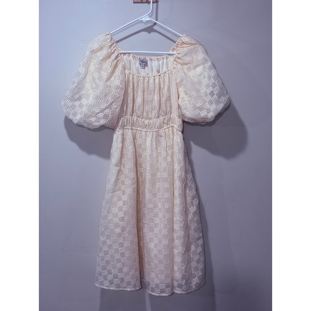 Polagram Cream Textured Puff Sleeve Midi Dress Smocked Waist Cottagecore Medium